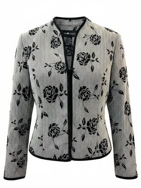 Sag Harbor Gray Black Flocked Floral Velvet Trim Jacket Size 14